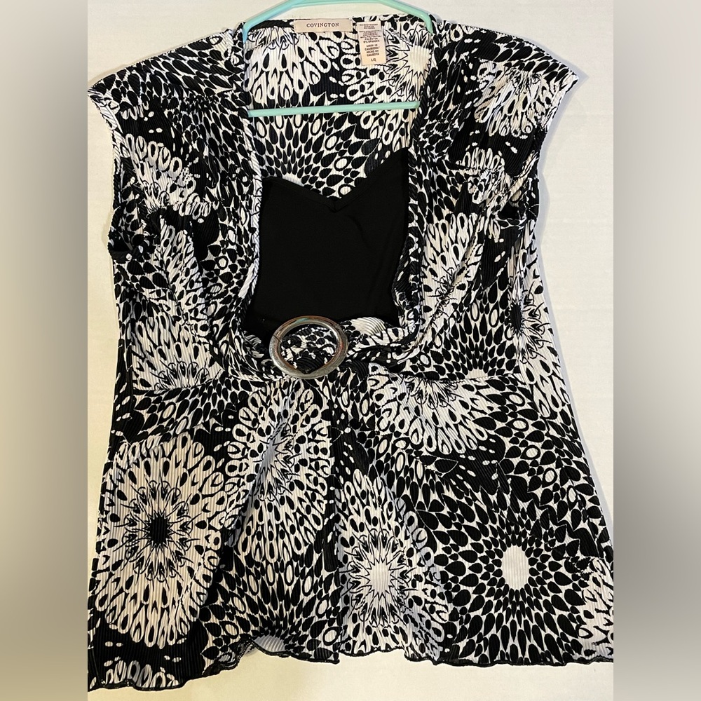 Covington Black & White Floral-Print Belted Tunic